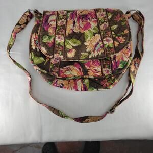 Vera Bradley Floral Quilted Crossbody Messenger Bag Brown Pink Green Boho Retro